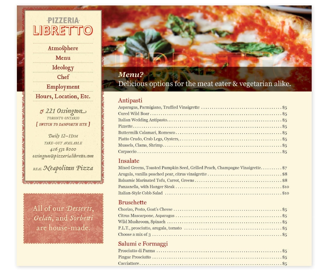 Pizzeria Libretto website menu page